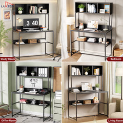 Lukzer Wooden & Metal Study Desk with 3 Storage Shelf & Open Bookshelf for Home (MST-011/Black & Black)