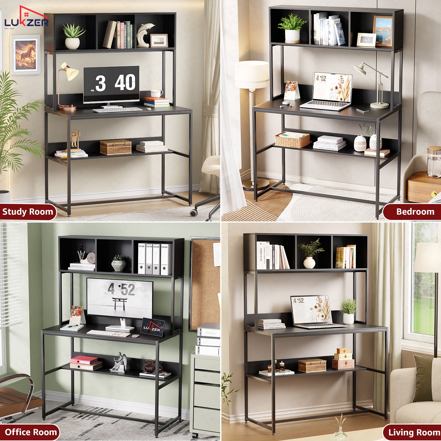 Lukzer Wooden & Metal Study Desk with 3 Storage Shelf & Open Bookshelf for Home (MST-011/Black & Black)