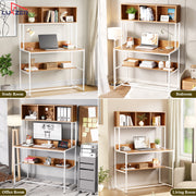 Lukzer Wooden & Metal Study Desk with 3 Storage Shelf & Open Bookshelf for Home (MST-011/White & Oak Brown)