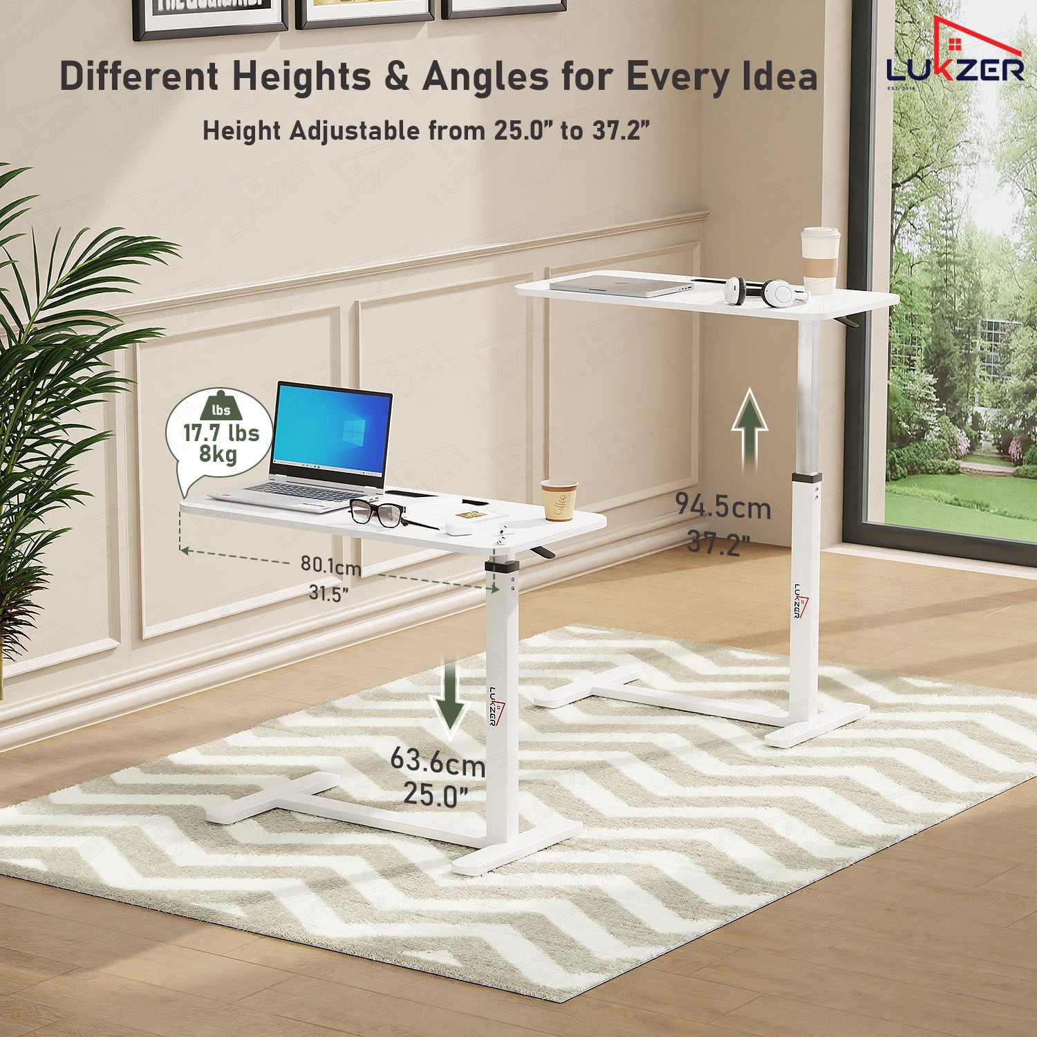 Lukzer Modern Adjustable Overbed Study Table with Wheels (MST-002/White & White)