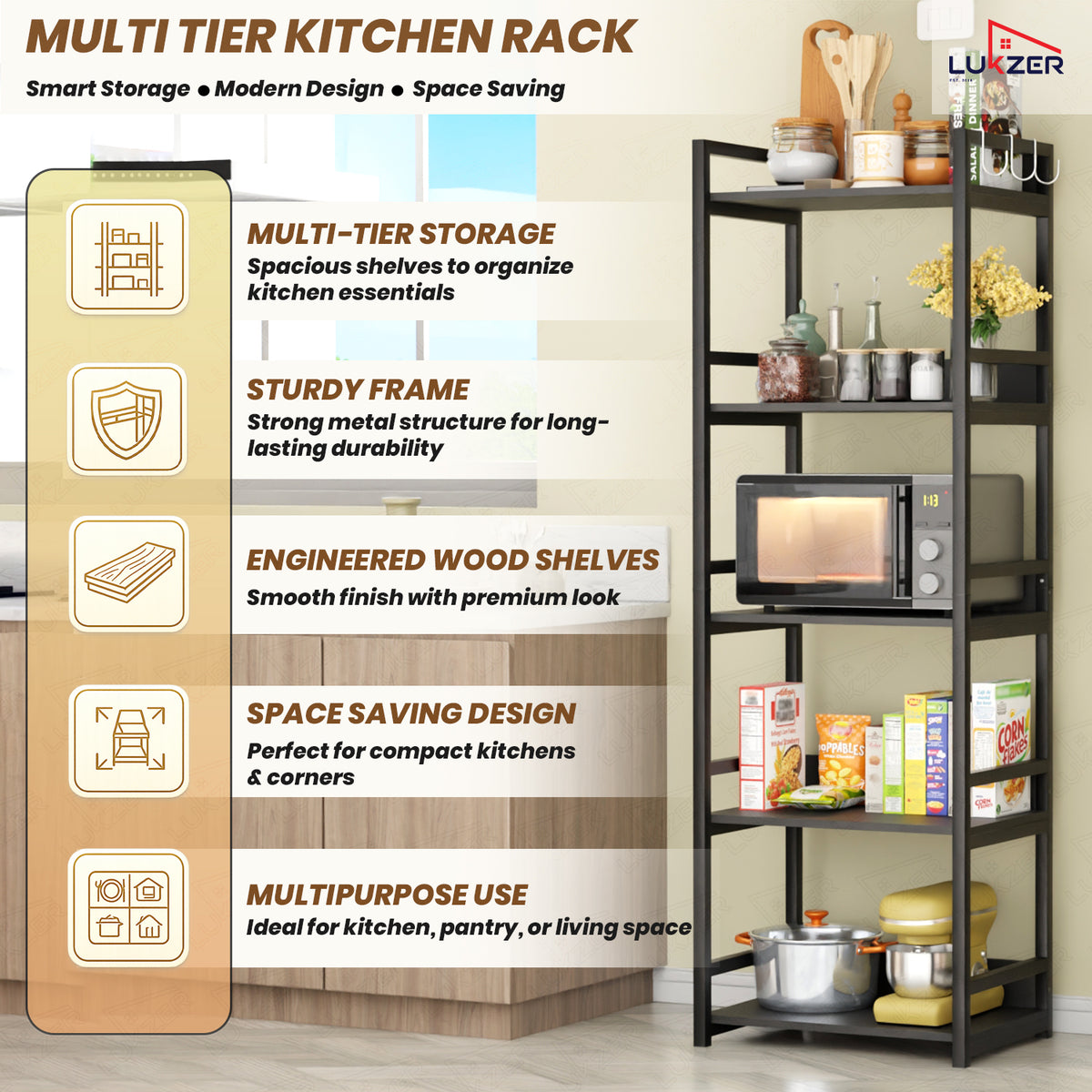 Lukzer 5-Tier Multipurpose Metal & Wood Kitchen Storage Rack (MKR-005/Black & Black)