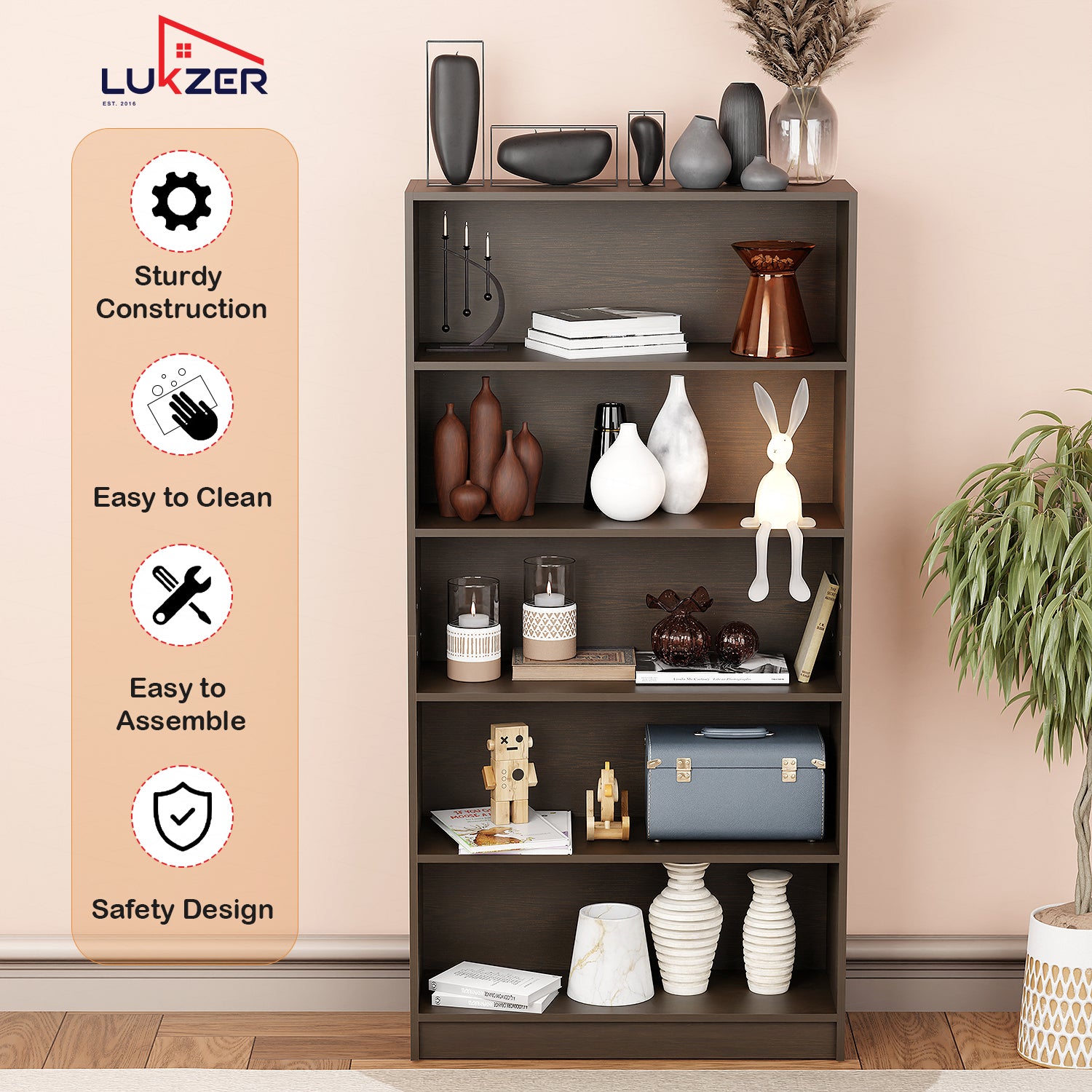 Lukzer Engineered Wood 6 Tier Bookcase Open Bookshelf & Display Rack (MR-032/Wenge)
