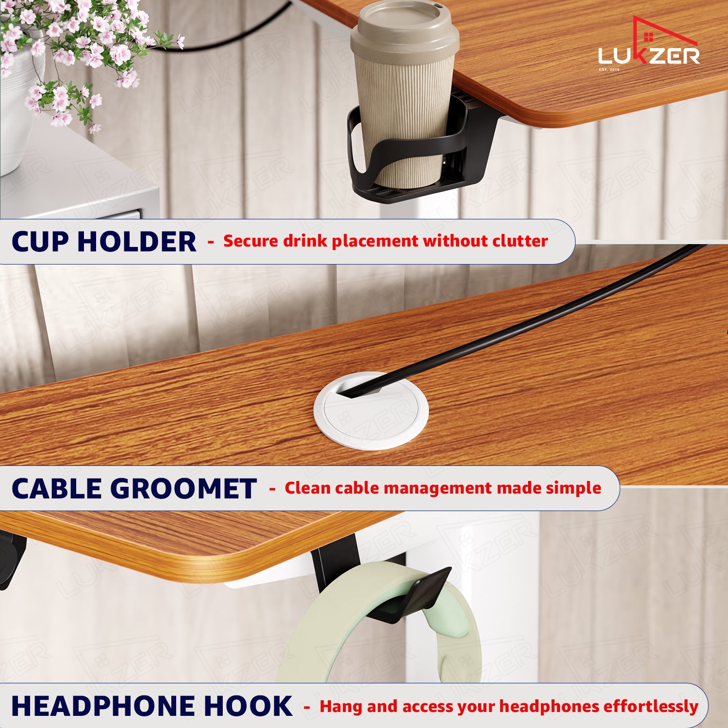 Lukzer Electric Automatic Height Adjustable Sit Stand Desk EST-003 ( White & Oak Brown ) 3-Years Warranty