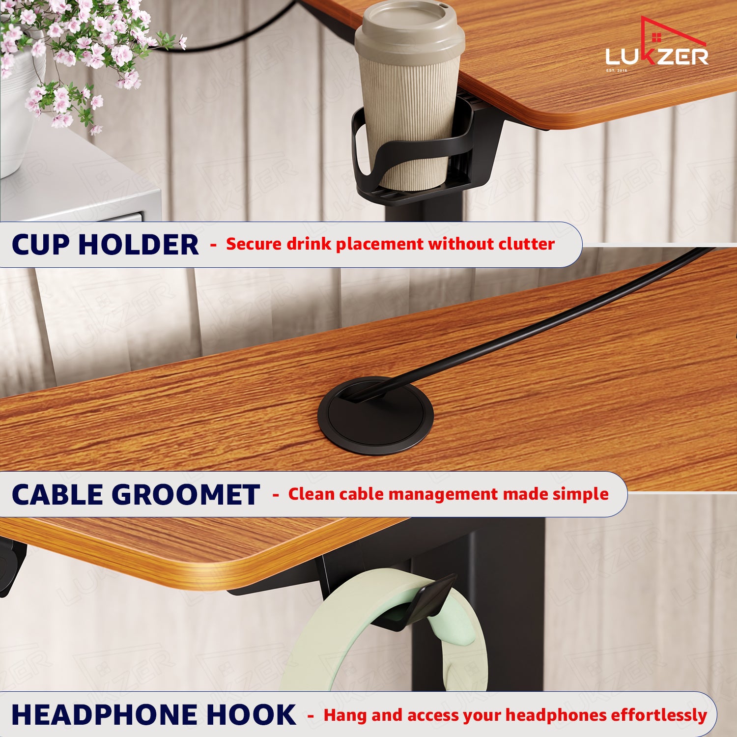 Lukzer Electric Automatic Height Adjustable Sit Stand Desk EST-003 ( Black & Oak Brown ) 3-Years Warranty