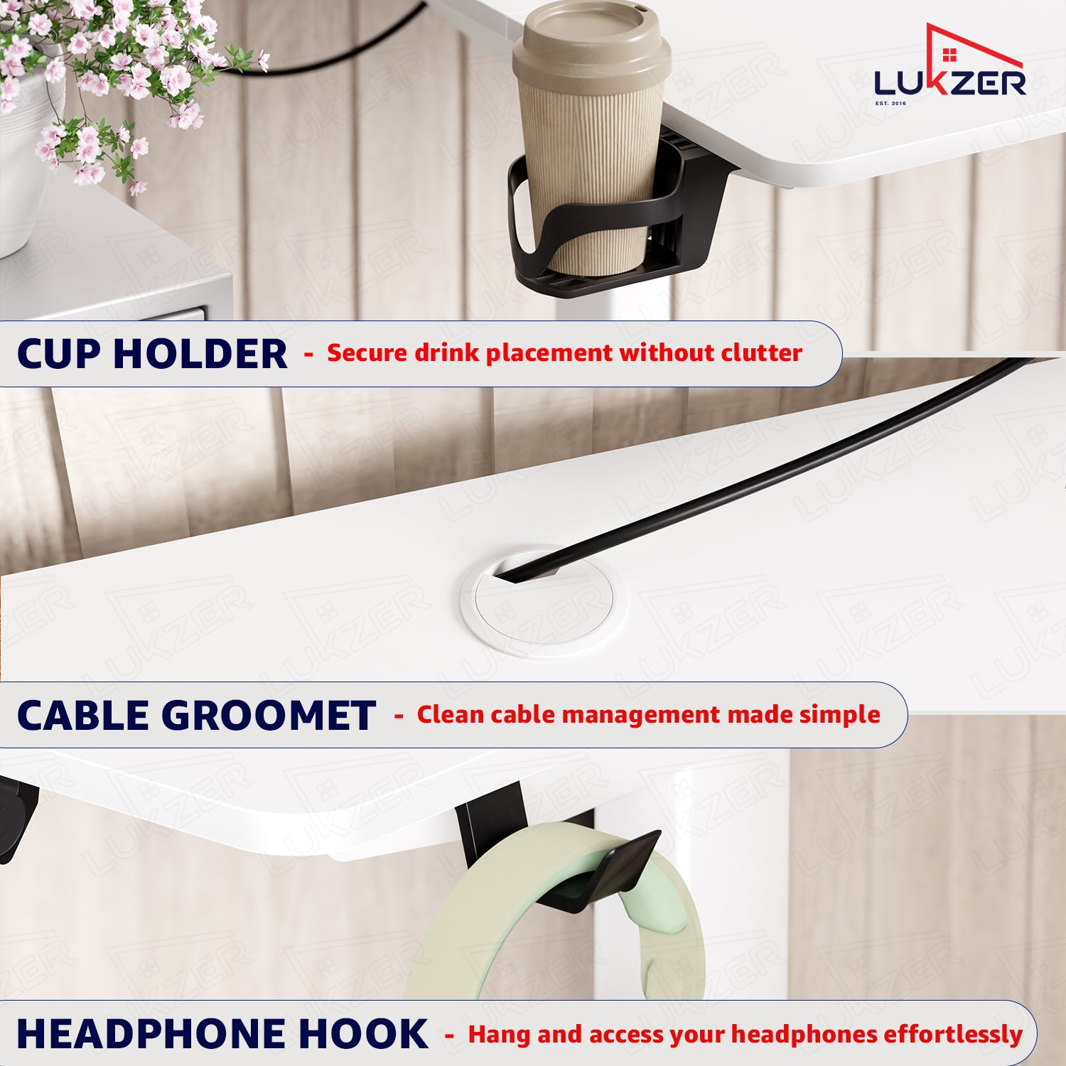 Lukzer Electric Automatic Height Adjustable Sit Stand Desk EST-003 ( White & White ) 3-Years Warranty