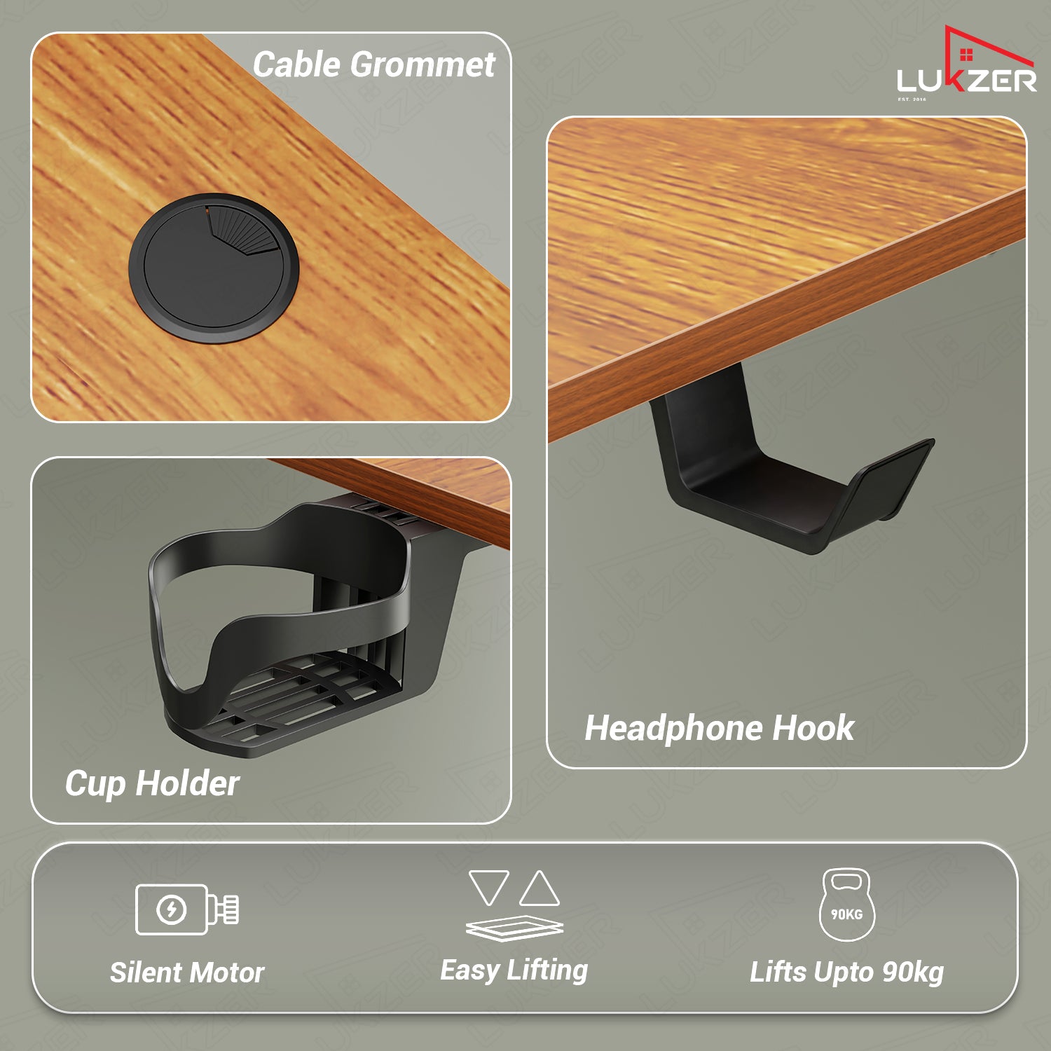Lukzer Electric Height Adjustable Desk with USB & Type-C Study Table (EST-003/UC-Black & Oak Brown) 3-Years Warranty