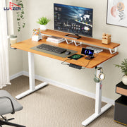 Lukzer Electric Height Adjustable Desk with Monitor Riser USB & Type-C Sit-Stand Table (EST-004/White & Oak Brown)
