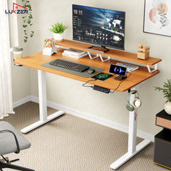 Lukzer Electric Height Adjustable Desk with Monitor Riser USB & Type-C Sit-Stand Table (EST-004-UC/White & Oak Brown) 3-Years Warranty