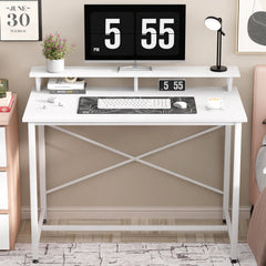 Lukzer X-Support Study Table with Monitor Riser for Home Office (MST-009/White & White)