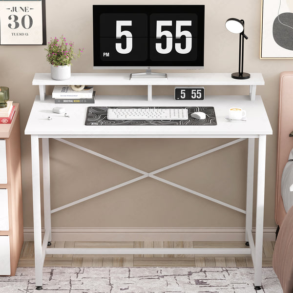 Lukzer X-Support Study Table with Monitor Riser for Home Office (MST-009/White & White)