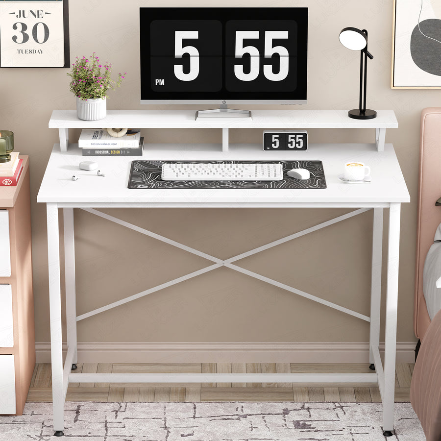 Lukzer X-Support Study Table with Monitor Riser for Home Office (MST-009/White & White)