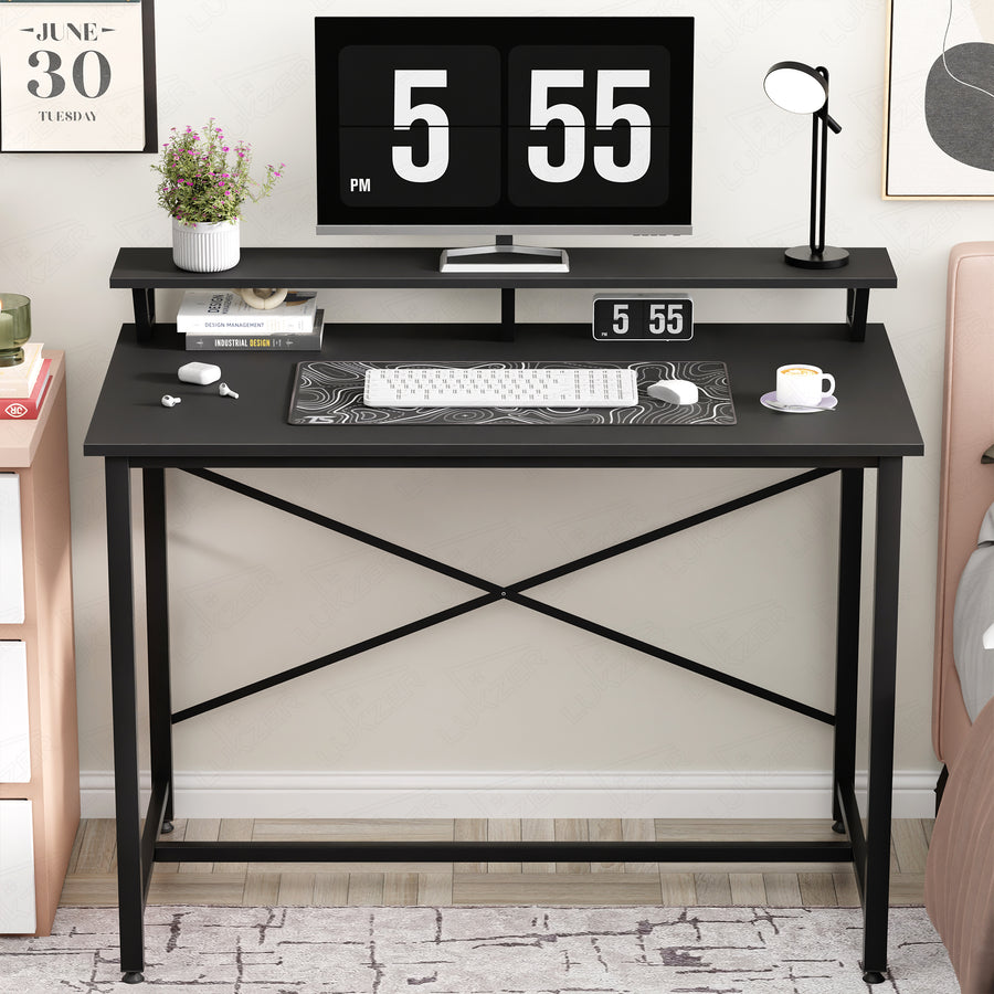 Lukzer X-Support Study Table with Monitor Riser for Home Office (MST-009/Black & Black)