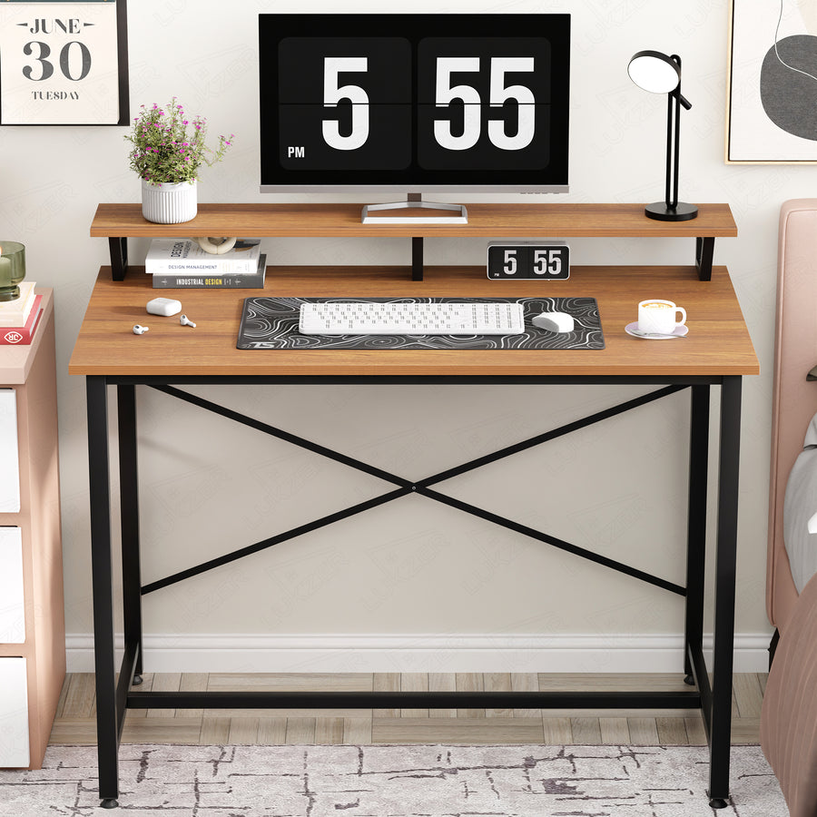 Lukzer X-Support Study Table with Monitor Riser for Home Office (MST-009/Black & Oak Brown)