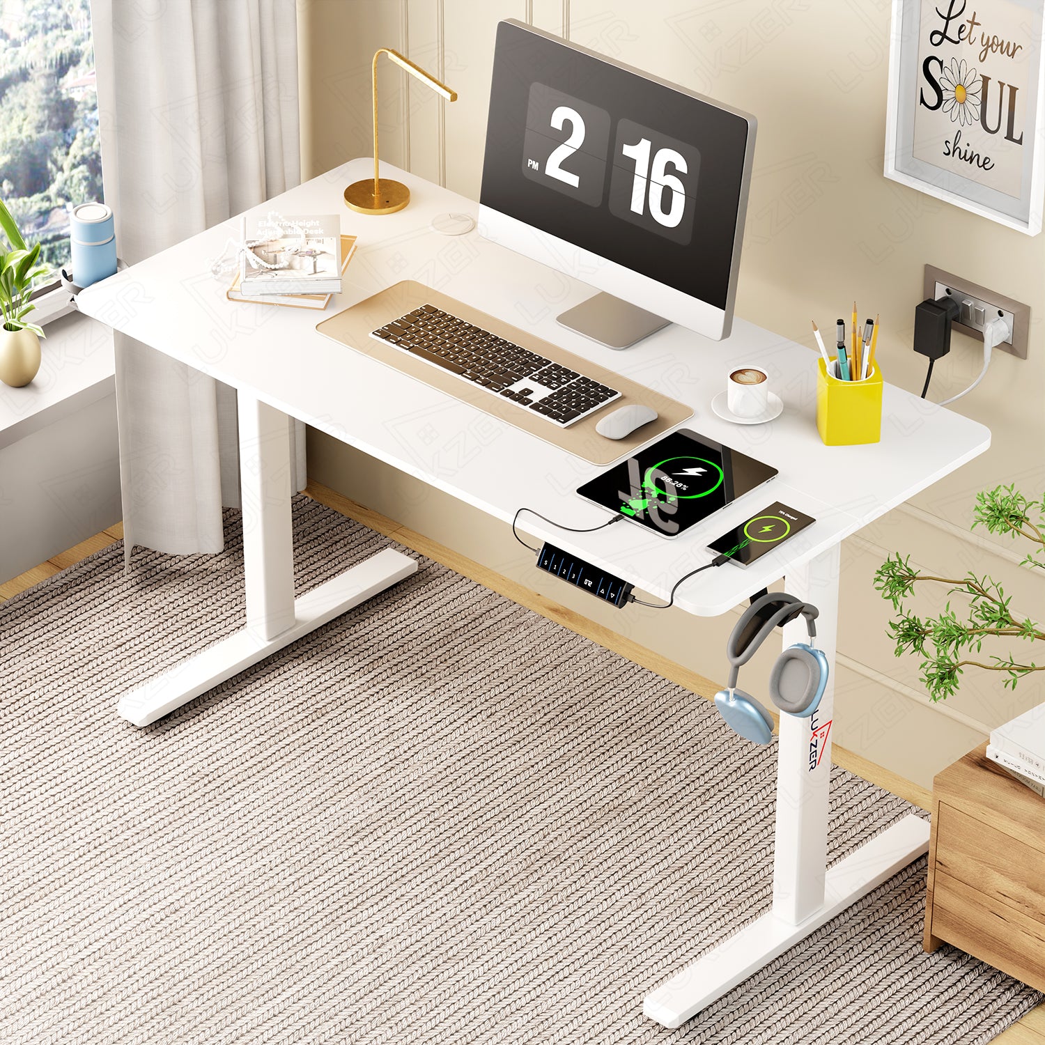 Lukzer Electric Height Adjustable Desk with USB & Type-C Study Table (EST-003/UC-White & White) 3-Years Warranty