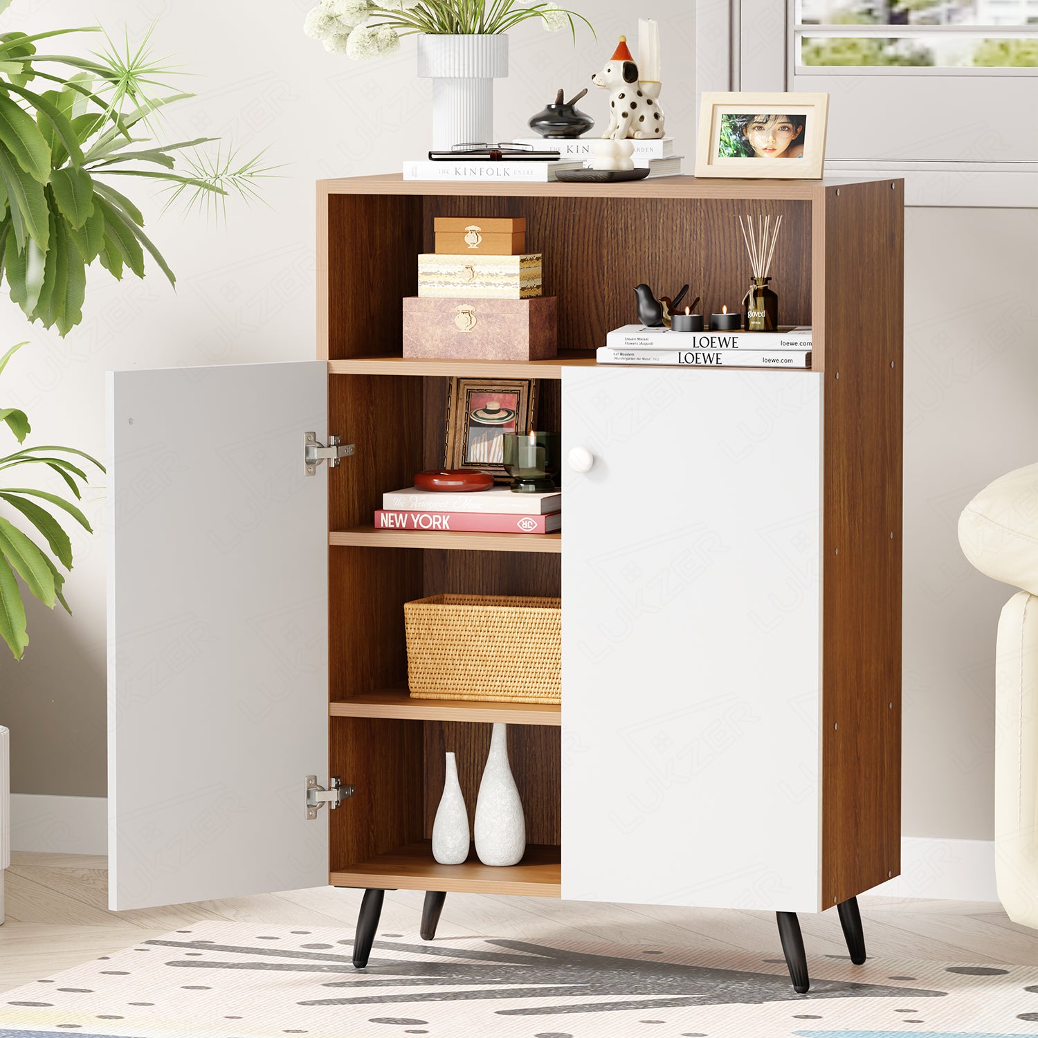 Lukzer Wooden Book Shelf & Storage Cabinet with White Doors (MR-034/Oak Brown)