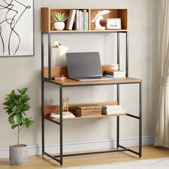 Lukzer Modern Study Table with Open Bookshelf & Hutch (MST-010/Black & Oak Brown)