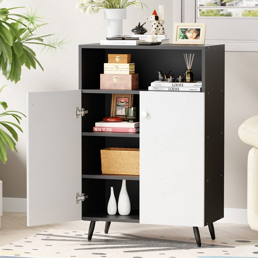 Lukzer Wooden Book Shelf & Storage Cabinet with White Doors (MR-034/Black)