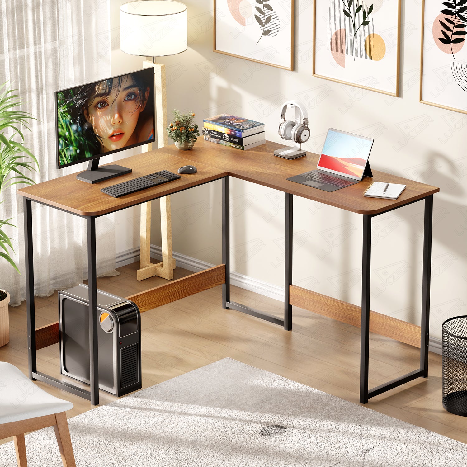 Lukzer Engineered Wood L-Shaped Corner Study and Computer Table for Home or Office (MST-007) Black & Oak Brown
