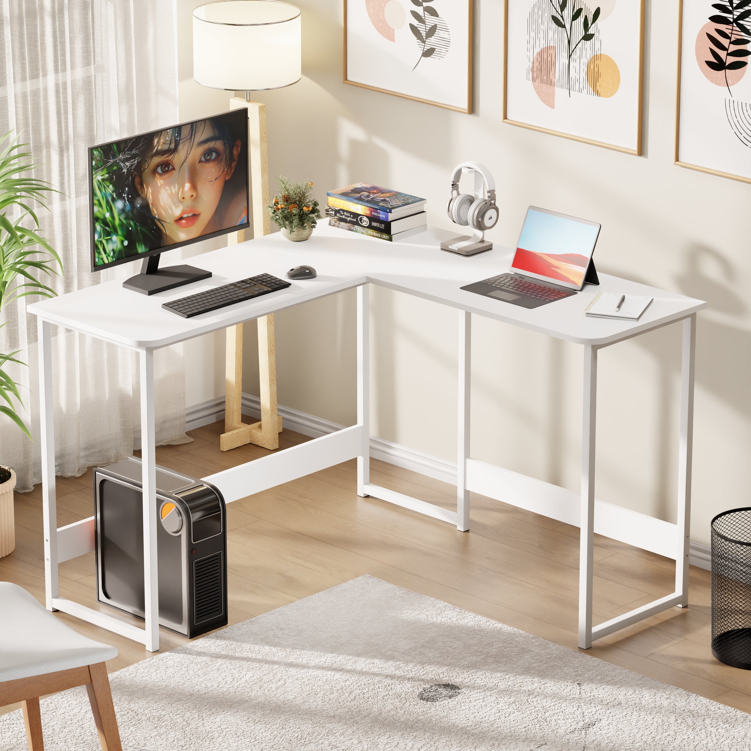 Lukzer Engineered Wood L-Shaped Corner Study and Computer Table for Home or Office (MST-007) white & white