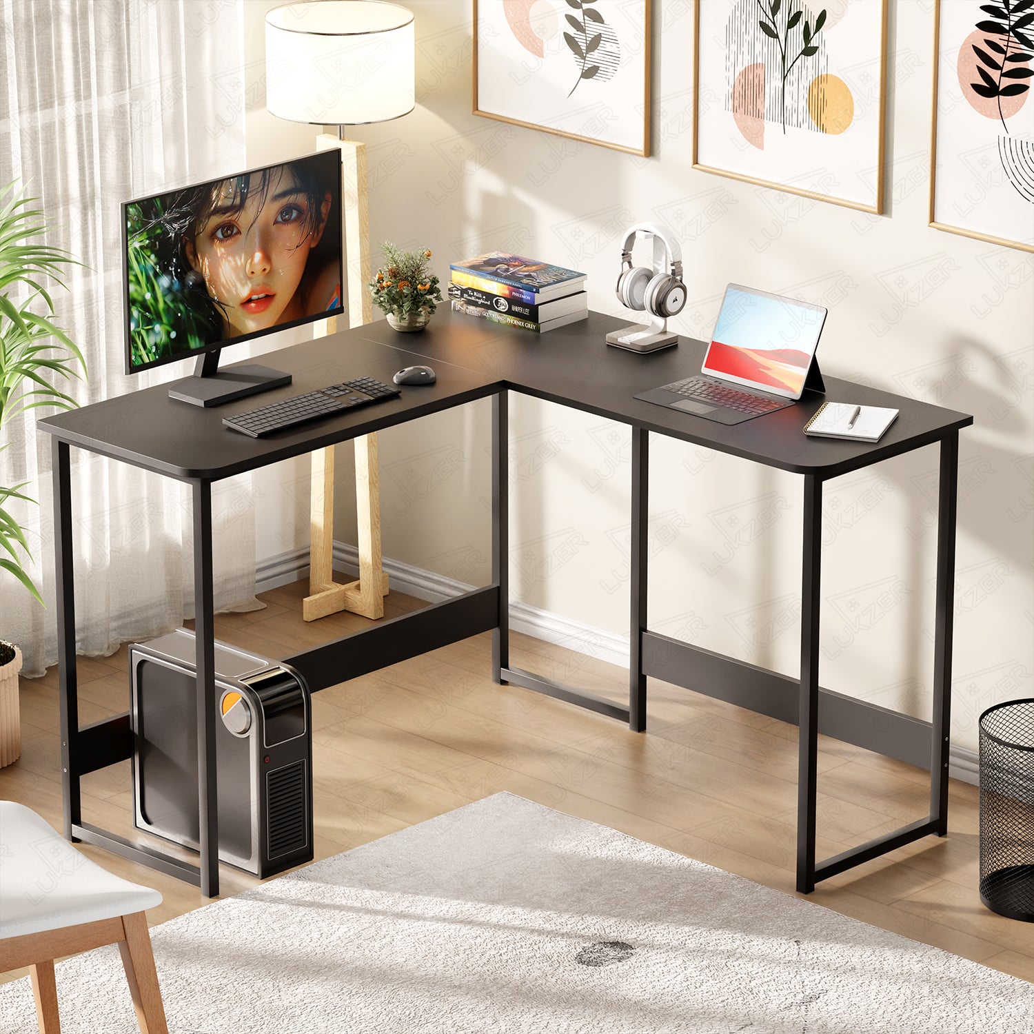 Lukzer Engineered Wood L-Shaped Corner Study and Computer Table for Home or Office (MST-007) Black & Black