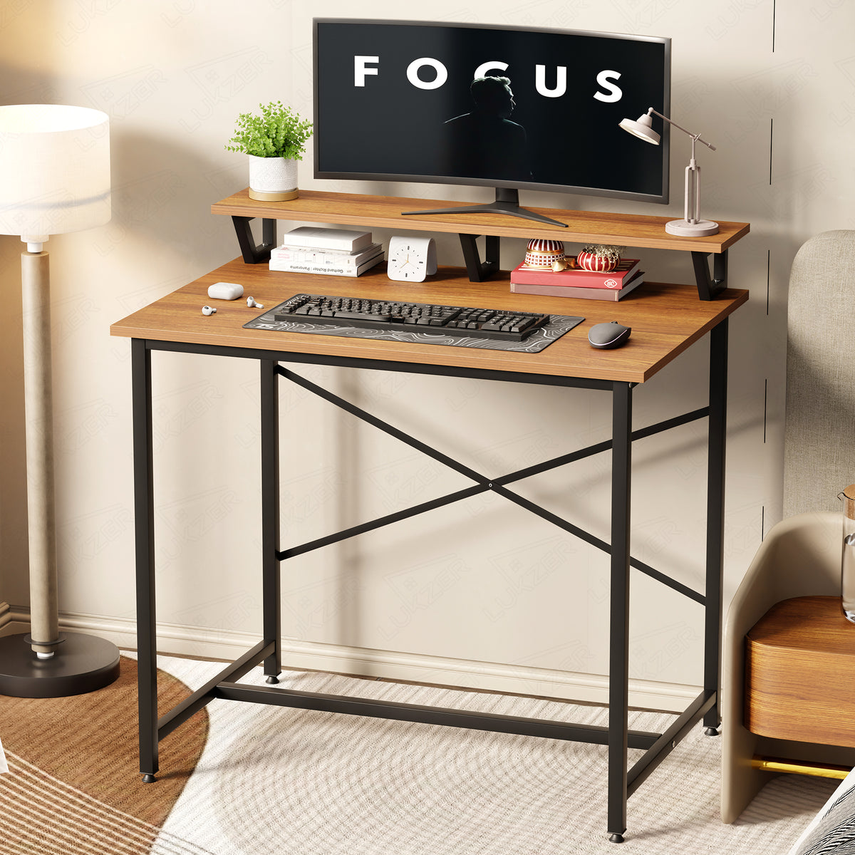 Lukzer X-Support Study Table with Monitor Riser for Home Office (MST-009/Black & Oak Brown)