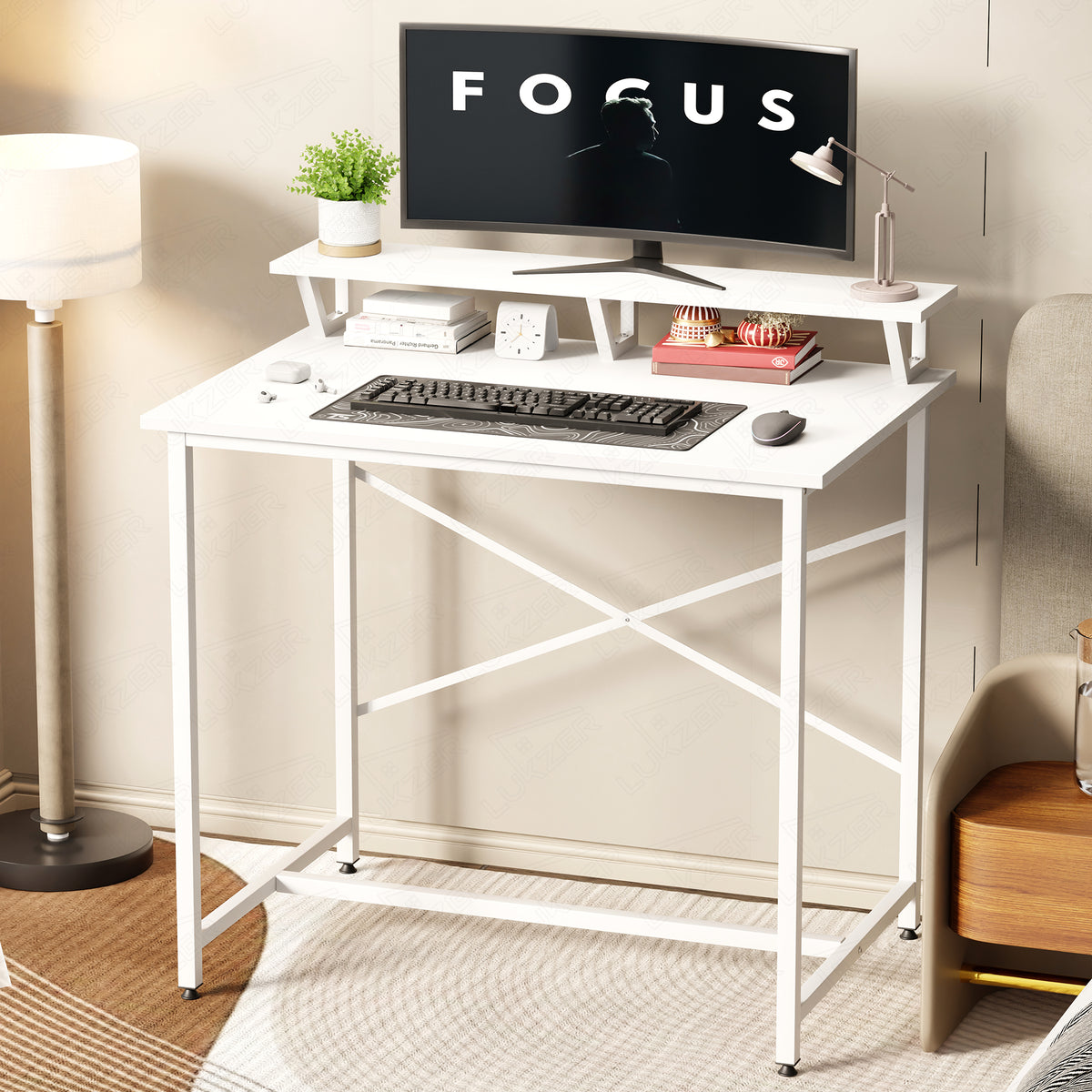 Lukzer X-Support Study Table with Monitor Riser for Home Office (MST-009/White & White)