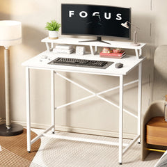 Lukzer X-Support Study Table with Monitor Riser for Home Office (MST-009/White & White)
