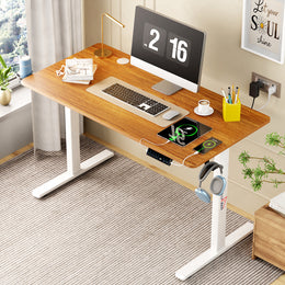 Lukzer Electric Height Adjustable Desk with USB & Type-C Study Table (EST-003/UC-White & Oak Brown)