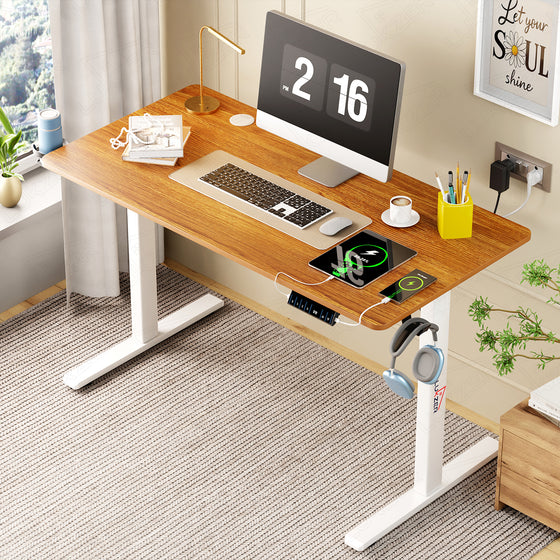 Lukzer Electric Height Adjustable Desk with USB & Type-C Study Table (EST-003/UC-White & Oak Brown) 3-Years Warranty