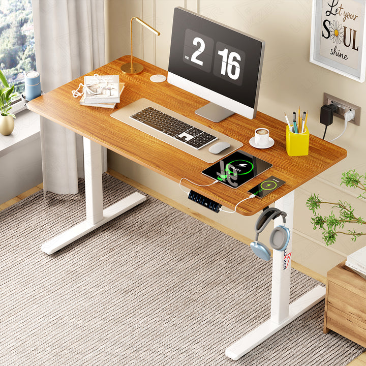 Lukzer Electric Height Adjustable Desk with USB & Type-C Study Table (EST-003/UC-White & Oak Brown) 3-Years Warranty