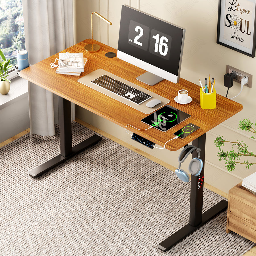 Lukzer Electric Height Adjustable Desk with USB & Type-C Study Table (EST-003/UC-Black & Oak Brown) 3-Years Warranty