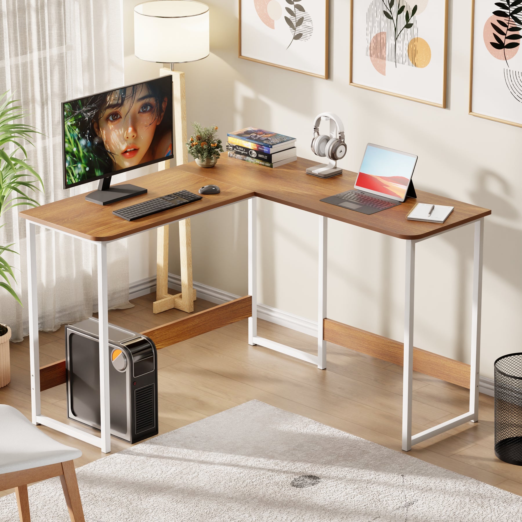 Lukzer Engineered Wood L-Shaped Corner Study and Computer Table for Home or Office (MST-007) white & Oak Brown