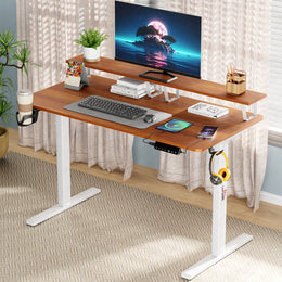 Lukzer Electric Height Adjustable Desk with Monitor Riser USB & Type-C Sit-Stand Table (EST-004/White & Oak Brown)