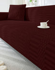 Jacquard Sofa Cover (Pastel Deep Maroon Dotted Stripe Pattern)