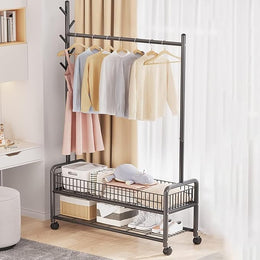 Lukzer MGR-004 Black Metal Garment Stand with Wheels | Heavy-Duty Clothes Rack with Shelf