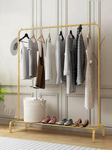 Lukzer Metal Garment Stand with Bottom Shelf – Sturdy Clothing Rack (Model: MGS-001, Gold/Black/White)