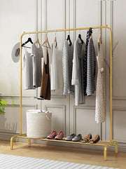 Lukzer Metal Garment Stand with Bottom Shelf – Sturdy Clothing Rack (Model: MGS-001, Gold/Black/White)