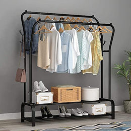 Lukzer MGS-003 Black Metal Garment Stand with Bottom Shelf | Heavy-Duty Clothes Rack