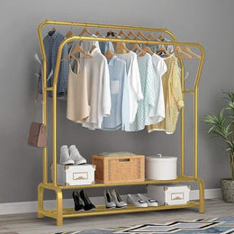 Lukzer Metal Cloth Stand with 2 Hanging Rods & Dual Storage Shelves (MGS-003/Gold)