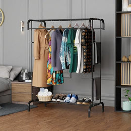 Lukzer MGS-004 Black Metal Garment Stand with Bottom Shelf | Heavy-Duty Clothes Rack