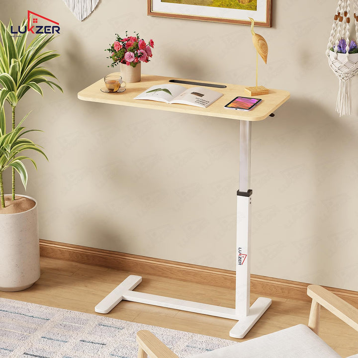 Lukzer Modern Adjustable Overbed Study Table with Wheels (MST-002/White & Oak Light)
