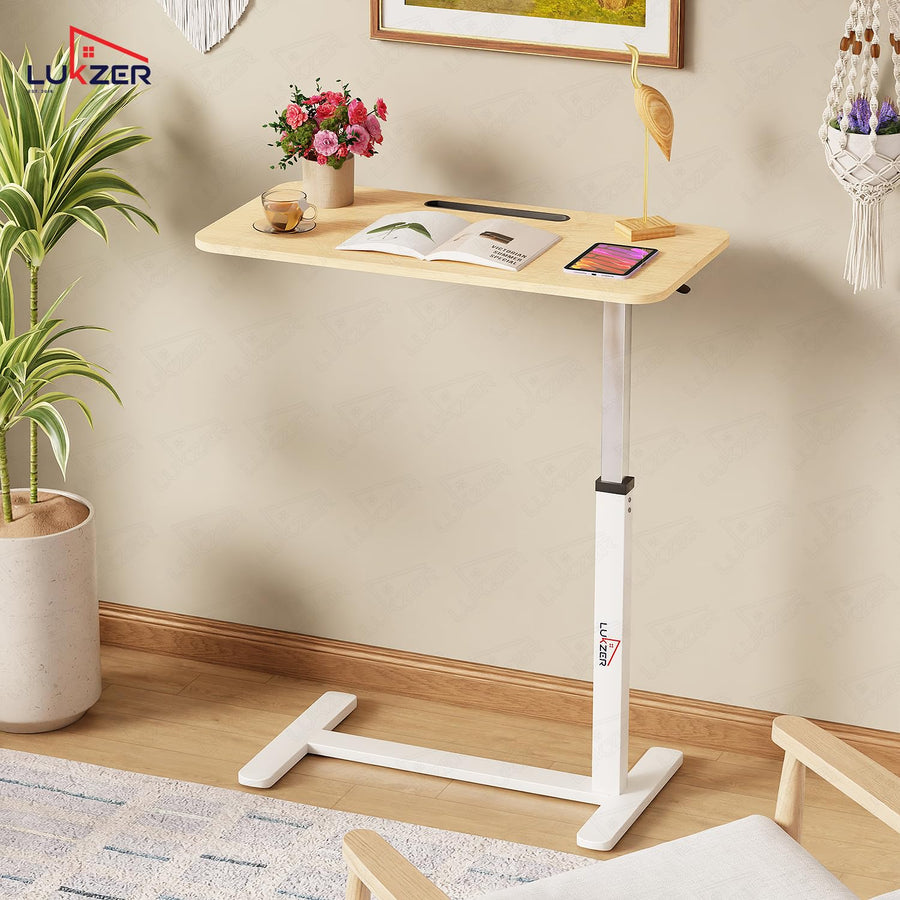 Lukzer Modern Adjustable Overbed Study Table with Wheels (MST-002/White & Oak Light)