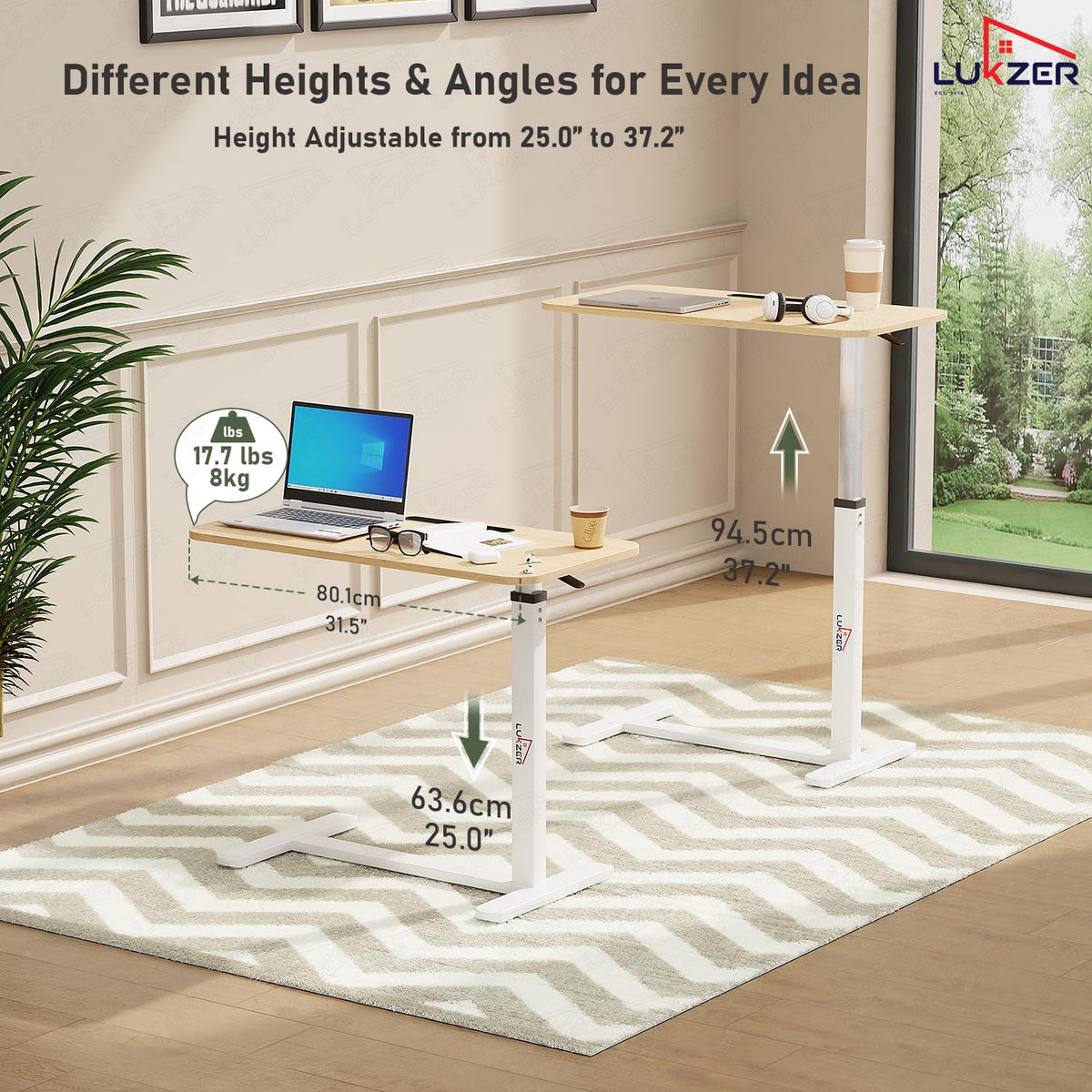 Lukzer Modern Adjustable Overbed Study Table with Wheels (MST-002/Whit