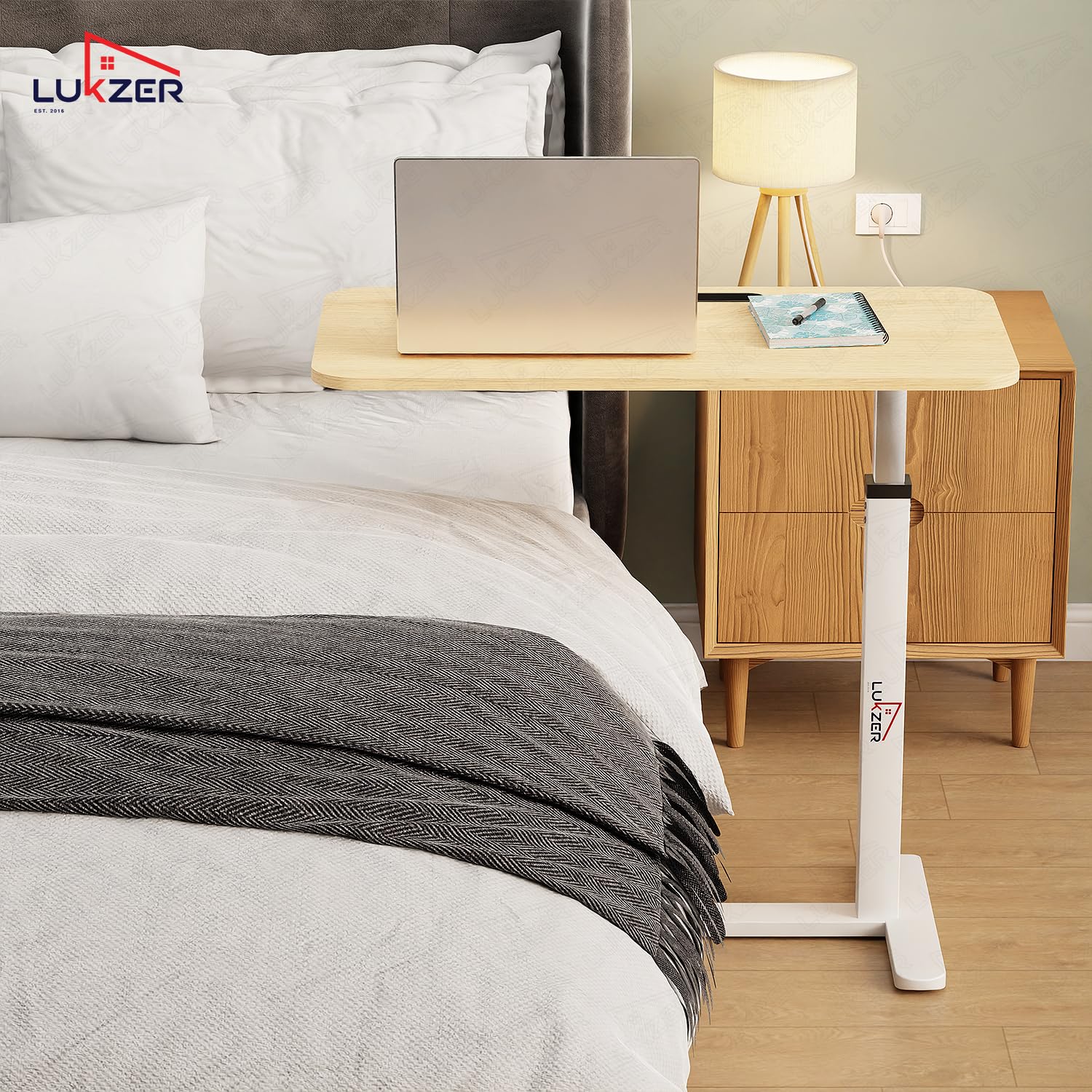 Lukzer Modern Adjustable Overbed Study Table with Wheels (MST-002/White & Oak Light)