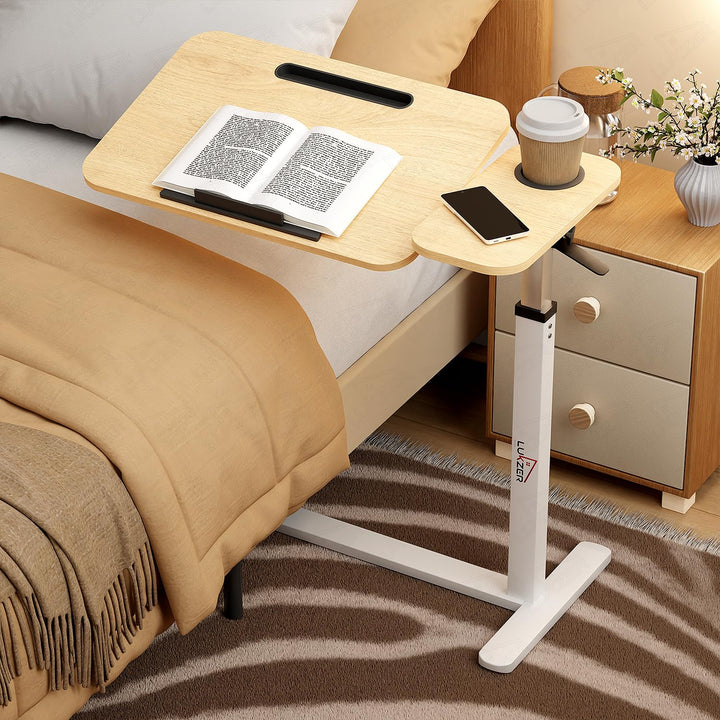 Lukzer Adjustable Overbed Study Table with Tilt Top, Cupholder & Wheels (MST-003/White & Oak Light)