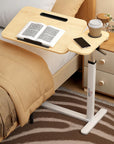 Lukzer Height Adjustable and Tilt Top Overbed Table with Cupholder & Wheels - MT-003 (White Frame/Oak Light Top)