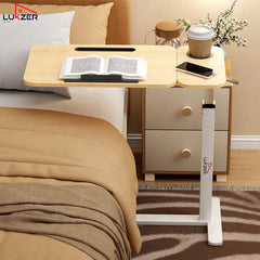 Lukzer Adjustable Overbed Study Table with Tilt Top, Cupholder & Wheels (MST-003/White & Oak Light)