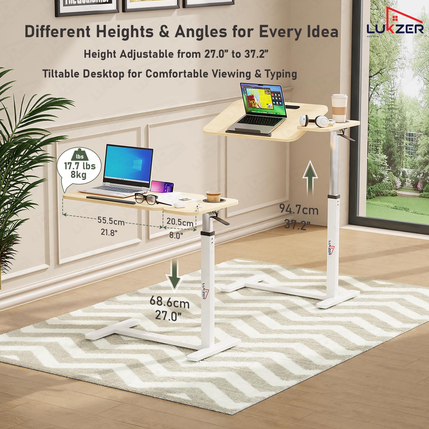 Lukzer Adjustable Overbed Study Table with Tilt Top, Cupholder & Wheels (MST-003/White & Oak Light)