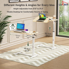 Lukzer Adjustable Overbed Study Table with Tilt Top, Cupholder & Wheels (MST-003/White & Oak Light)