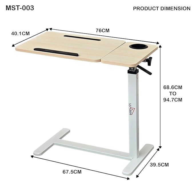 Lukzer Adjustable Overbed Study Table with Tilt Top, Cupholder & Wheels (MST-003/White & Oak Light)